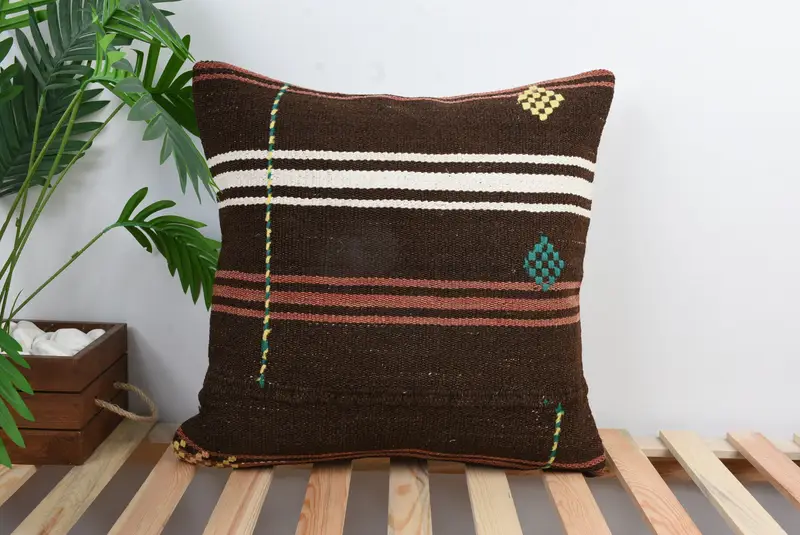 Car Cushion Cover, Boho Pillow Sham Cover, Turkish Pillow, Kilim Pillow, Cushion, 20x20 Brown Pillow, Handmade Throw Cushion Cover - 1