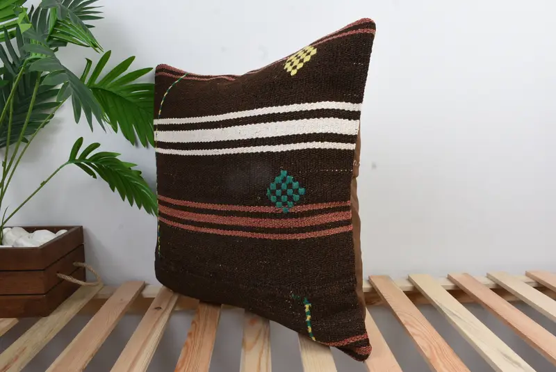 Car Cushion Cover, Boho Pillow Sham Cover, Turkish Pillow, Kilim Pillow, Cushion, 20x20 Brown Pillow, Handmade Throw Cushion Cover - 4