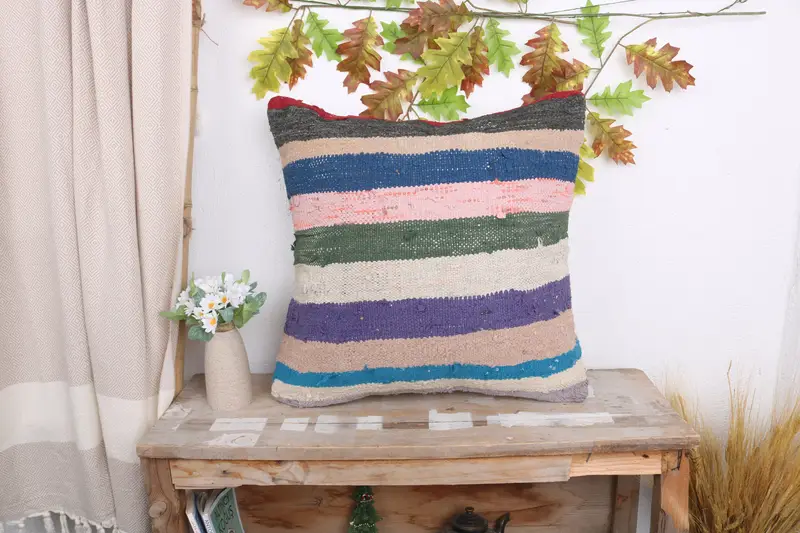 Turkish Kilim Pillow, Cushion Cover, Muted Cushion, 20x20 Blue Cushion Case, Handwoven Pillow Case, Vintage Kilim Throw Pillow, Throw Kilim Pillow - 1