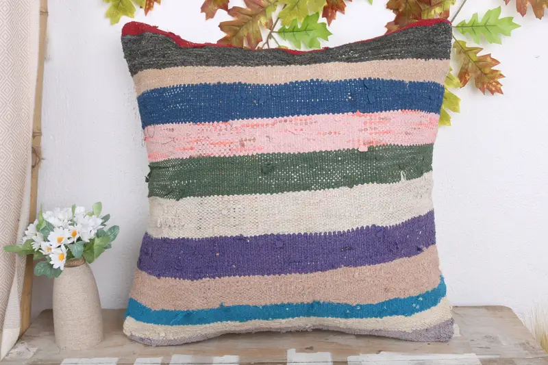 Turkish Kilim Pillow, Cushion Cover, Muted Cushion, 20x20 Blue Cushion Case, Handwoven Pillow Case, Vintage Kilim Throw Pillow, Throw Kilim Pillow - 2