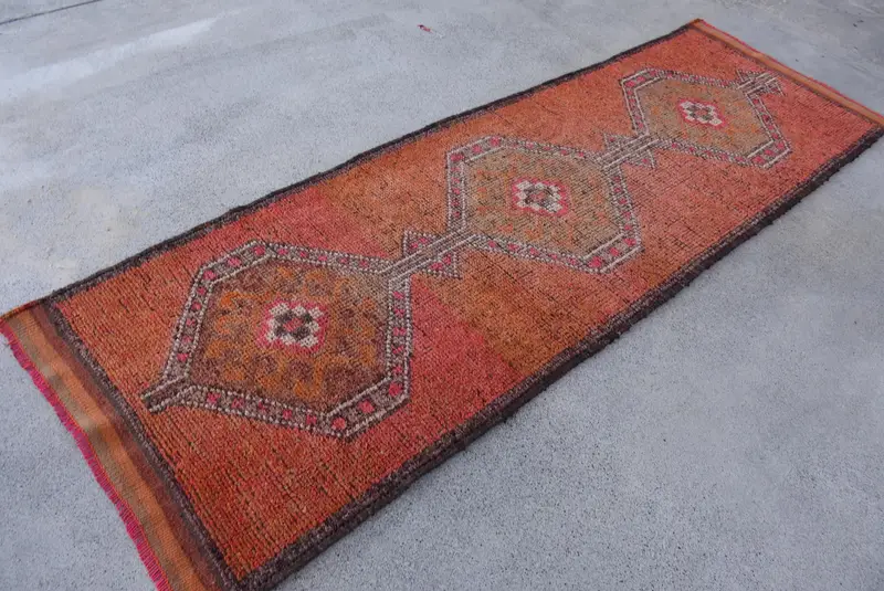 Turkish Runner Rug 3.1x9.5 ft, Red Brown Animal Print Rug Wool - 1