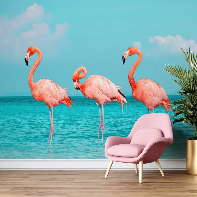 Baskılı Tropikal Flamingo Duvar Kağıdı: Modern Yaz Deniz Manzarası Dekoru