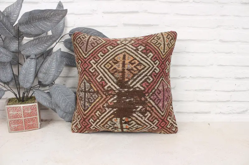 Home Decor Pillow, Vintage Kilim Pillow, Gift Pillow, 16x16 Red Pillow Sham, Cushion, Christmas Pillow Cover, One Of A Kind Pillow Sham - 1