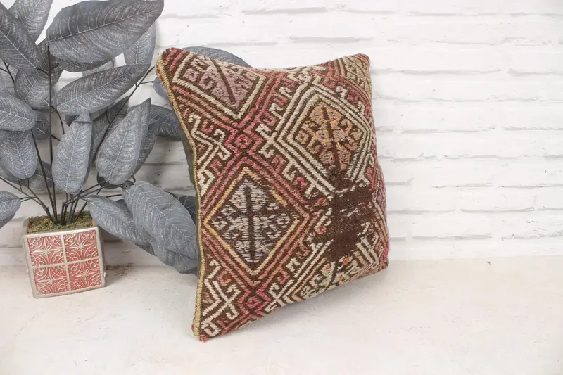 Home Decor Pillow, Vintage Kilim Pillow, Gift Pillow, 16x16 Red Pillow Sham, Cushion, Christmas Pillow Cover, One Of A Kind Pillow Sham - 3