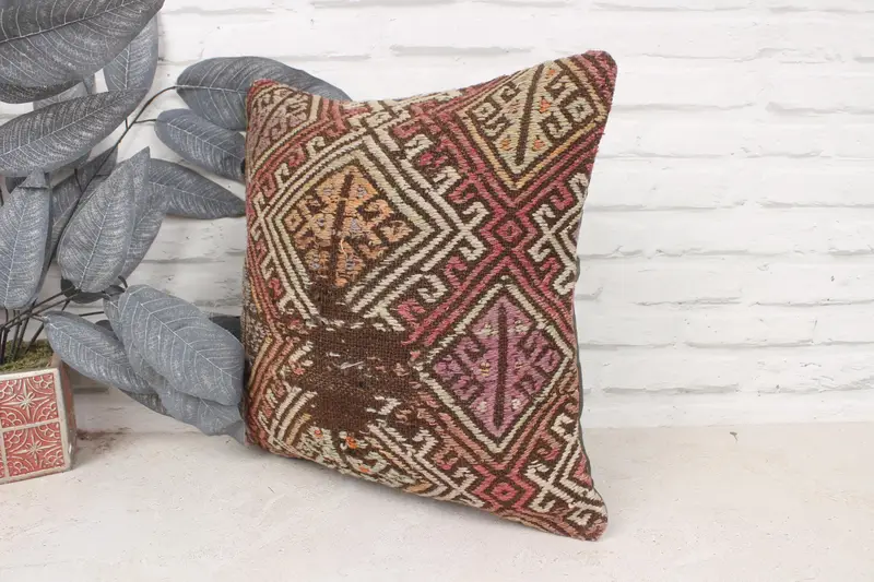 Home Decor Pillow, Vintage Kilim Pillow, Gift Pillow, 16x16 Red Pillow Sham, Cushion, Christmas Pillow Cover, One Of A Kind Pillow Sham - 4