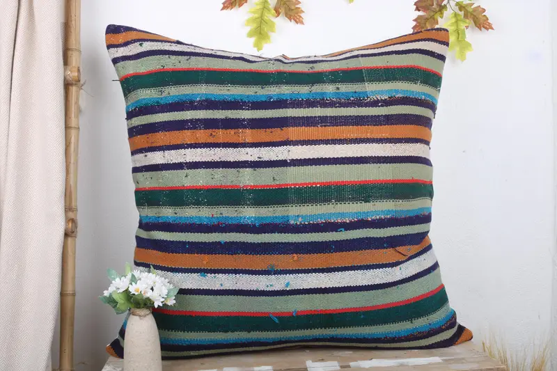Vintage Kilim Throw Pillow, Handmade Rug Seat Cushion Case, Square Throw Pillow, Boho Pillow, 32x32 Blue Cushion Cover, Cushion, Antique Pillows - 2