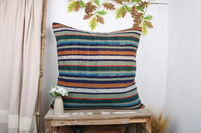 Vintage Kilim Throw Pillow, Handmade Rug Seat Cushion Case, Square Throw Pillow, Boho Pillow, 32x32 Blue Cushion Cover, Cushion, Antique Pillows - 1