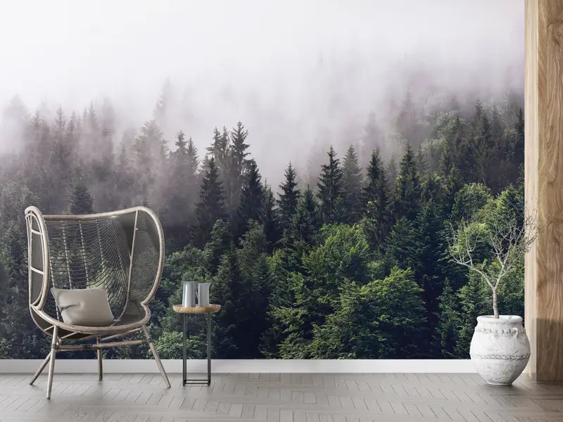 Zarif Puslu Dağ Orman Manzarası Baskılı Duvar Kağıdı