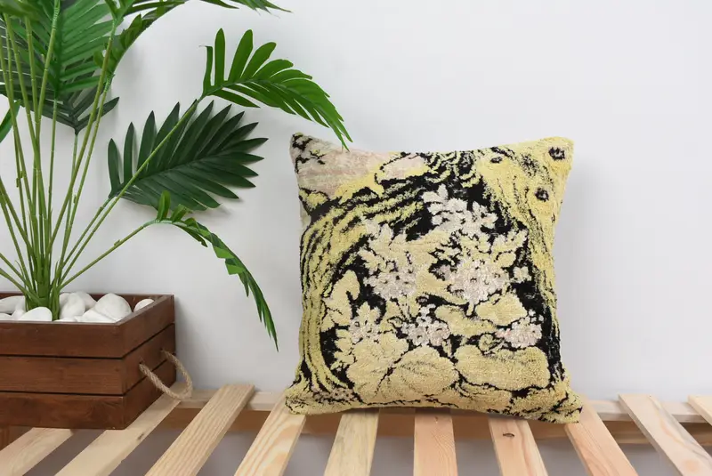 Cushion Cover, Antique Pillows, 14x14 Yellow Pillow, Hippie Throw Cushion, Neutral Throw Pillow Cover, Pillow for Couch, Pillow for Sofa - 1