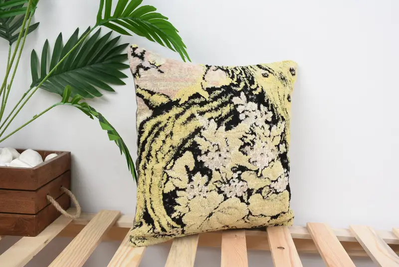 Cushion Cover, Antique Pillows, 14x14 Yellow Pillow, Hippie Throw Cushion, Neutral Throw Pillow Cover, Pillow for Couch, Pillow for Sofa - 4