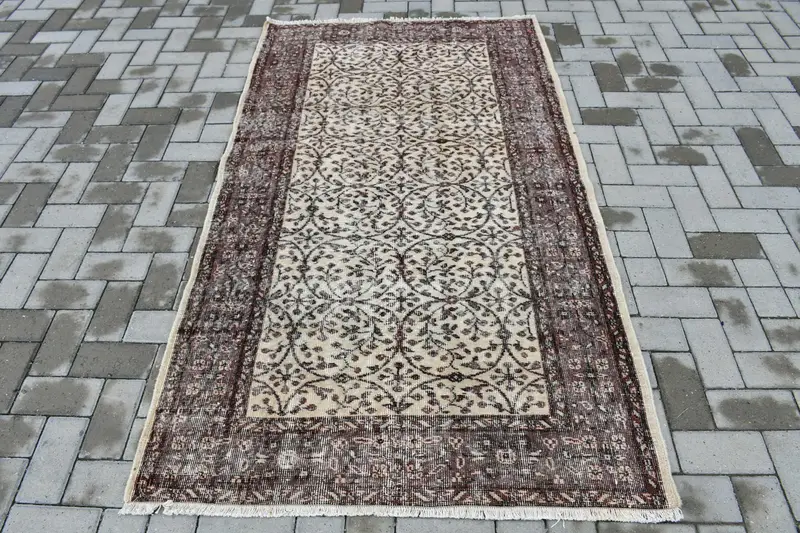 3.8x6.7 ft Halı, Türk Vintage Halısı, Oushak Kahverengi Bitki ve Ağaç Halısı - 1