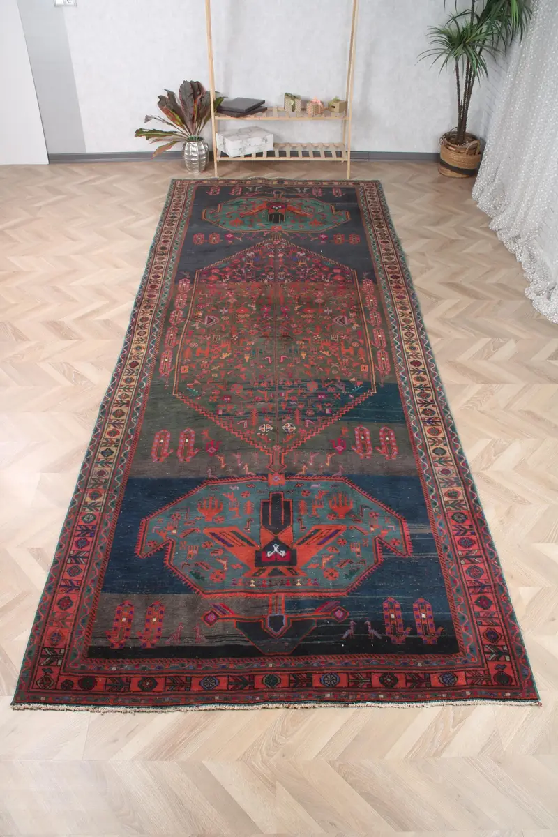 Türk Vintage Runner Halısı 5.2x13.5 ft, Oushak Mavi Yün Halı - 1