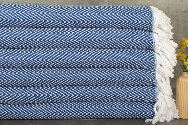Chevron Blanket Sax Blue Cotton 79x95 Inches, Twin Size, Recycled Organic