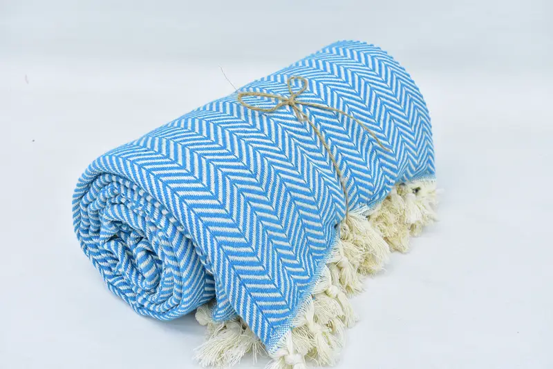 Royal Blue Chevron Throw Woven Turkish Organic Cotton Blanket, 91x75 Inches