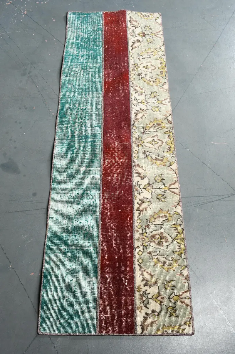 Turkish Rug, Runner 1.7x5.5 ft Vintage Rug, Red Green Striped Wool Rug - 1