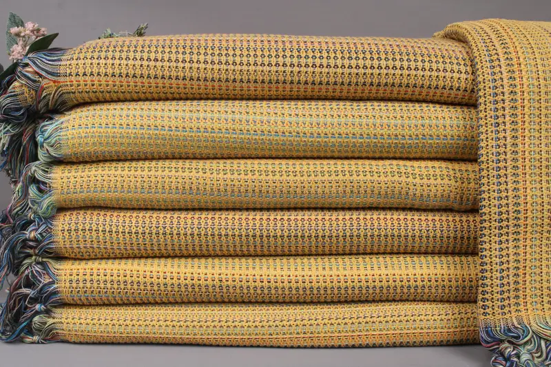 Handwoven Mustard Diamond Throw, Bohemian Bed Cover, 79x119 Inches