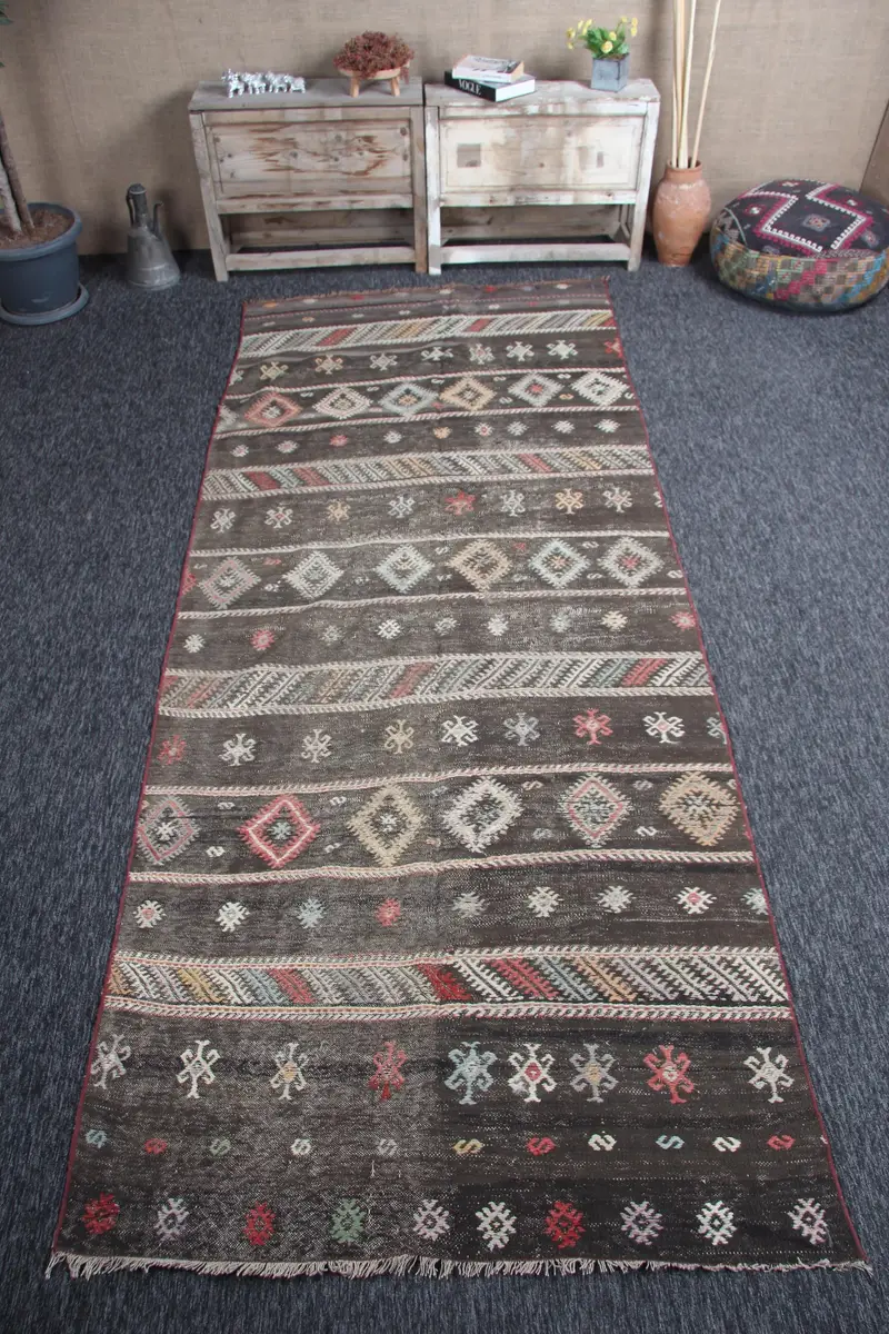 Vintage 4.3x10.8 ft Accent Halı, Türk Halısı, Kilim Kahverengi Geometrik Halı - 1