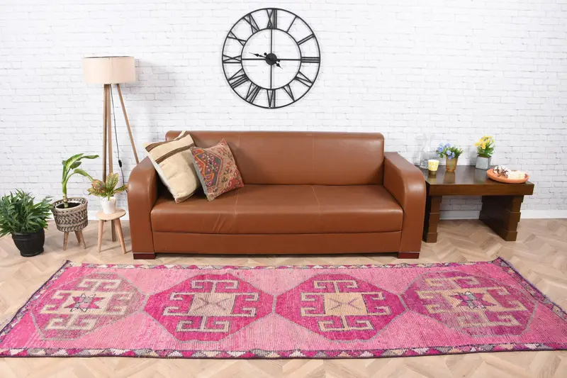 3.1x10 ft Rug, Runner Turkish Rug, Pink Herki Moroccan Rug - 1