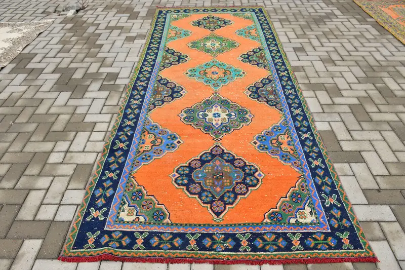 Vintage Oushak Runner Halı 4.6x11.5 ft (140x350 cm), Türk Turuncu Güneybatı Yün Halı - 1