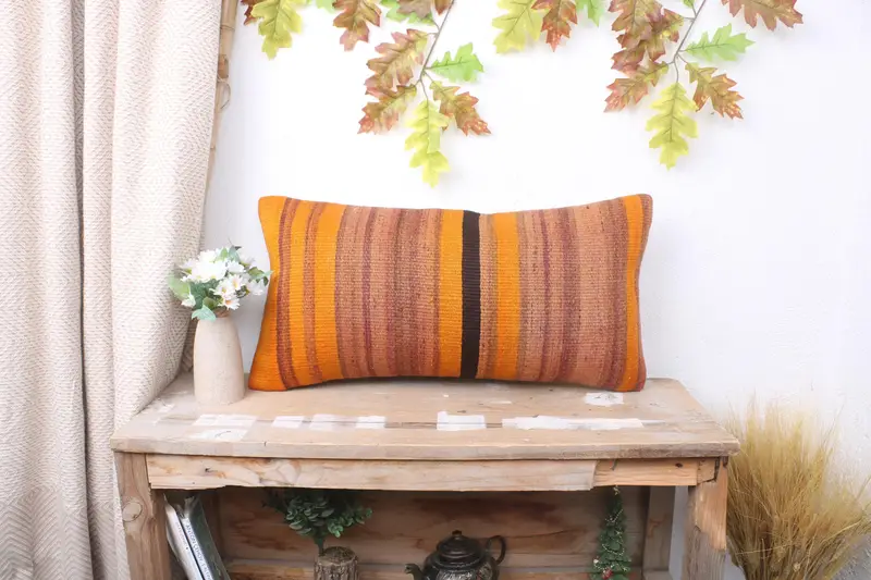 Kilim Pillow, Pillow Sham, Gift Pillow, Rustic Cushion, 12x24 Orange Pillow, Couch Cushion Case, Neutral Pillow Sham, Antique Pillows - 1
