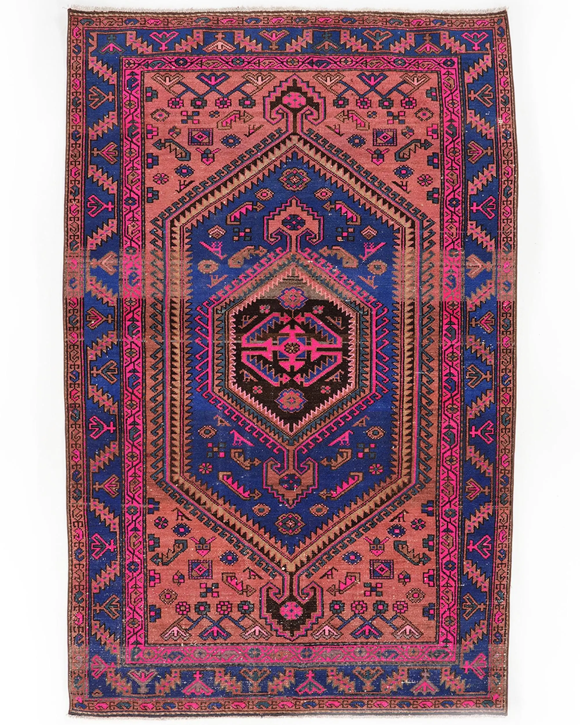 Turkish Rug, Area 4.3x7 ft Vintage Rug, Blue Pink Wool Rug - 1