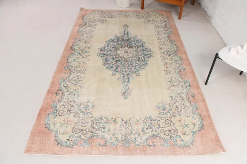 El Yapımı Bej ve Mavi Çiçekli Halı, 0,4x8 ft