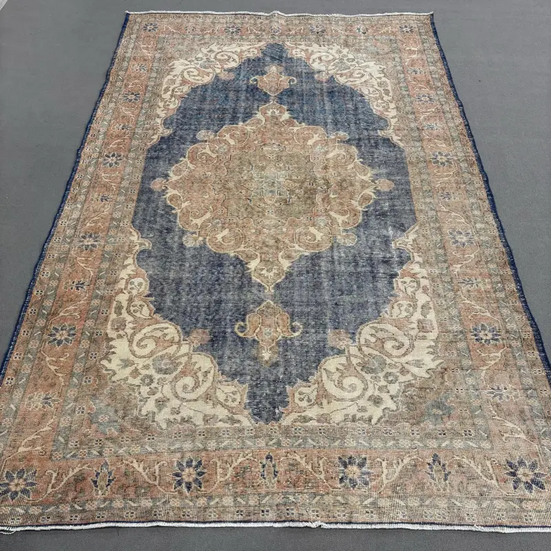 Oushak Rug, 6.7x10.6 ft Turkish Rug, Blue Floral Rug Wool - 1
