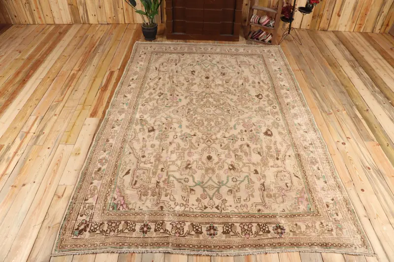 6.8x9.4 ft Büyük Vintage Halı, Türk Halısı, Kahverengi Pembe Katı Yün Halı - 1