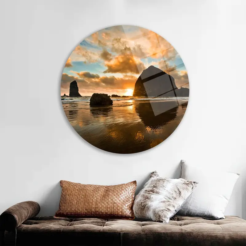 Elegant Cannon Beach Sunset Printed Glass - Modern Seascape