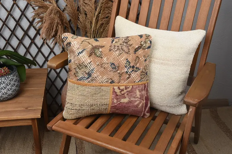 Vintage Cushion, 14x14 cm Beige Pillow, Small Square Moroccan Pillow Sham - 1