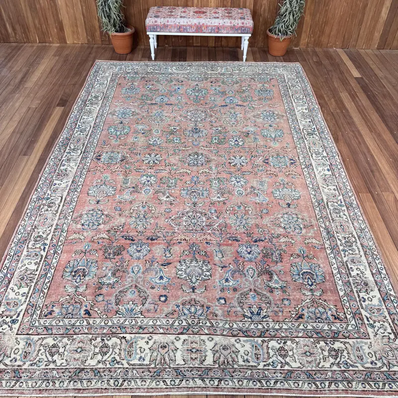 8x12.3 ft Turkish Oushak Rug, Vintage Rug, Red Patchwork Wool Rug - 1