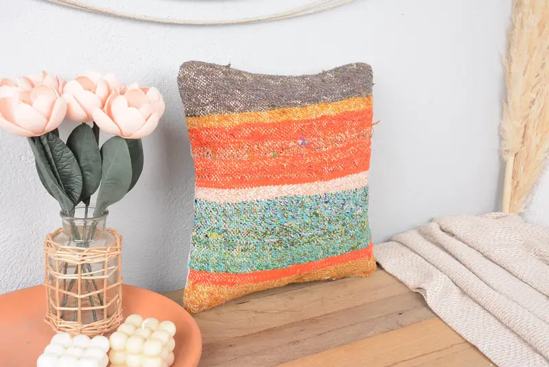 Turuncu & Yeşil Çizgili Kırlent, 14x14 Nakışlı Vintage Yastık