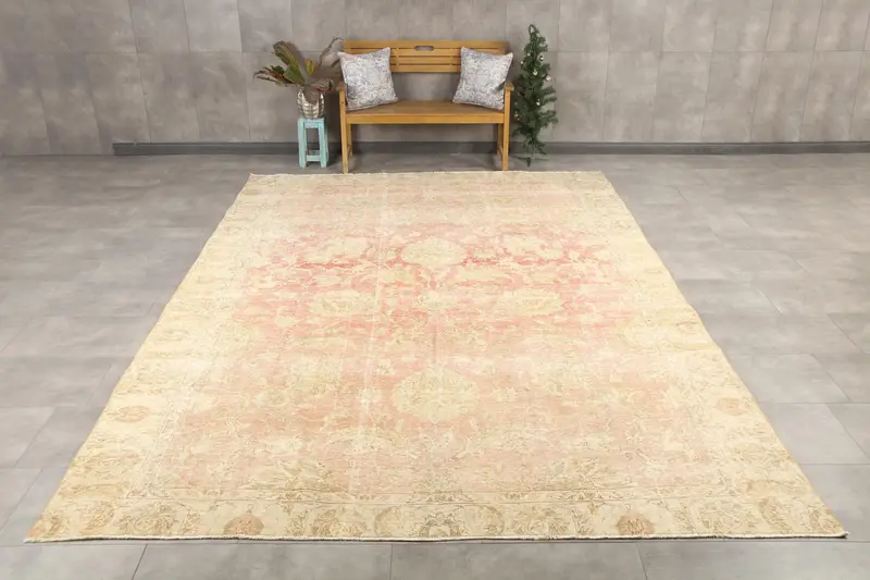 Türk Vintage Halısı 8,9x12,9 ft (270x392 cm), Oushak Pembe Yün Halı - 1