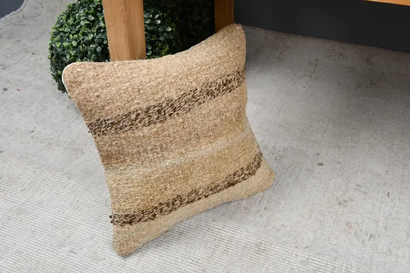 Decorative Bolster Pillow Sham, Seat Pillow Cover, Turkish Kilim Pillow, 12x12 Beige Pillow Case, Pillow Sham, Vintage Pillow, Boho Pillow - 7