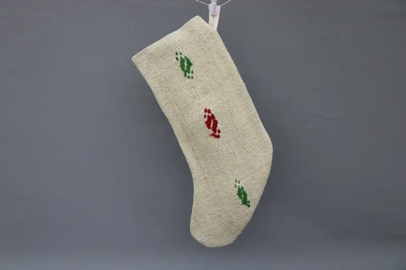 Beige Christmas Stocking with Ornaments, 9-Inch Wide Holiday Stocking