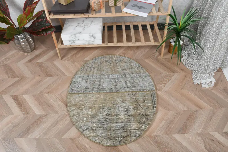 Alfombra abstracta marrón, 2,4x2,9 pies con detalles en verde