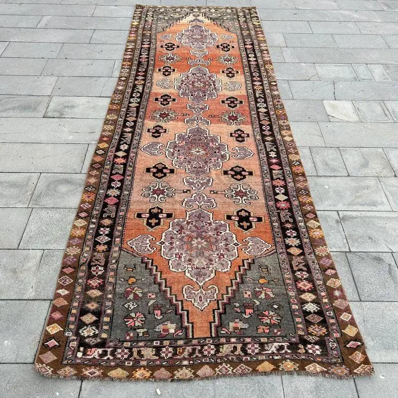 4.5x13.2 ft Vintage Turkish Rug, Runner Rug, Herki Brown Wool Rug - 1