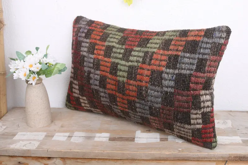 Turkish Kilim Pillow, Throw Kilim Pillow, Pillow Case, Bohemian Cushion Pillow Sham, 12x20 Red Cushion Cover, Vintage Kilim Pillow - 4