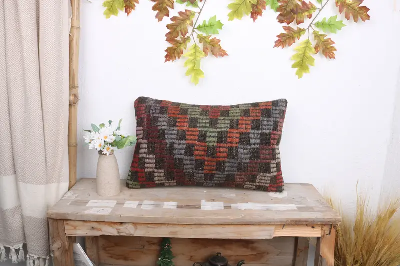 Turkish Kilim Pillow, Throw Kilim Pillow, Pillow Case, Bohemian Cushion Pillow Sham, 12x20 Red Cushion Cover, Vintage Kilim Pillow - 1