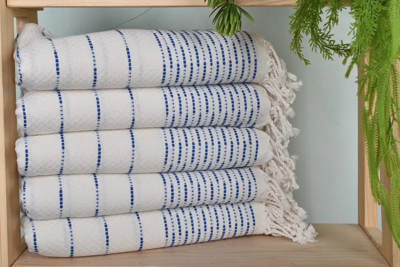 Turkish Beach Towel Striped Design Sax Blue Cotton, 38x71 Inches