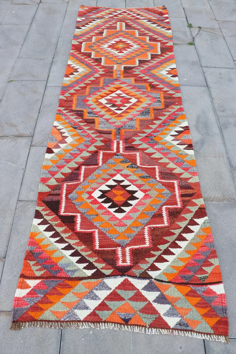 Purple, Green Striped Rug, 3,1x9,4 ft Unique Design