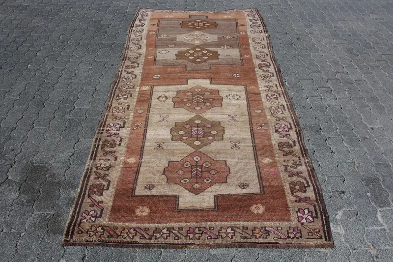 Vintage Turkish Rug, 4.4x8.9 ft Oushak Rug, Brown Area Floral Rug - 1