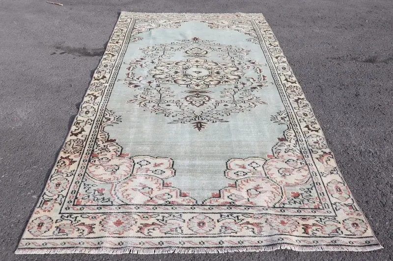 Vintage Türk Büyük Halı 5.3x9.8 ft, Mavi Beyaz Katı Yün Halı - 1