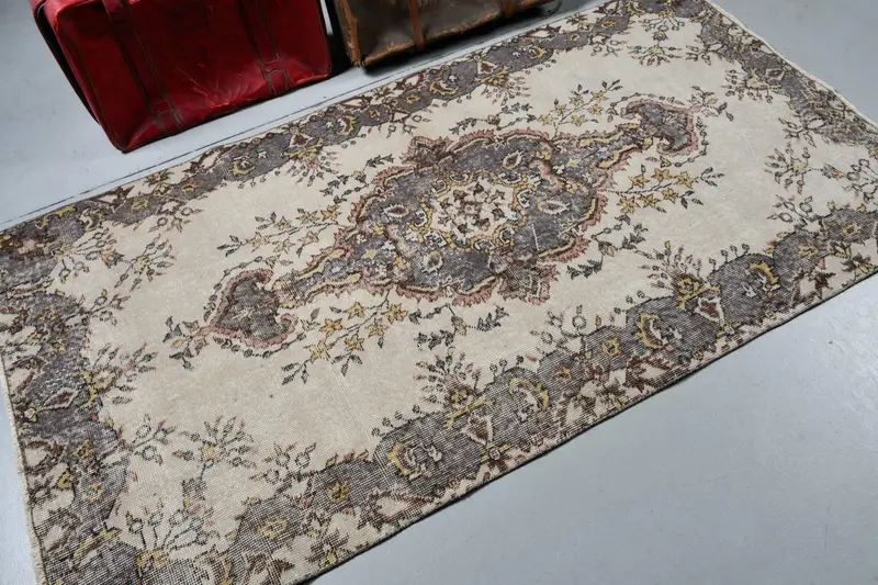 Vintage Türk Halısı, 3.7x7 ft Oushak Halı, Gri Kahverengi Ombré Yün Halı - 1