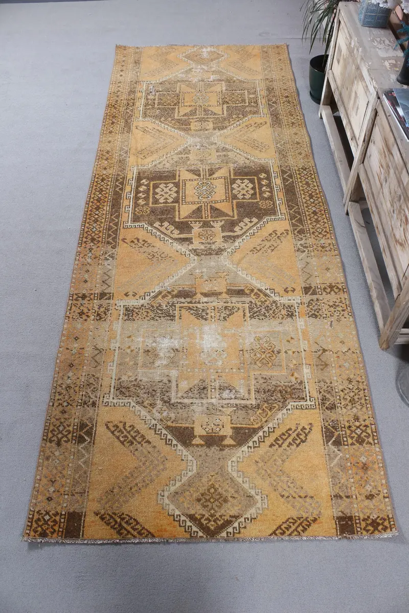 Türk Vintage Yolluk Halısı 3,8x10,3 ft (116x313 cm), Sarı Oushak Halı - 1
