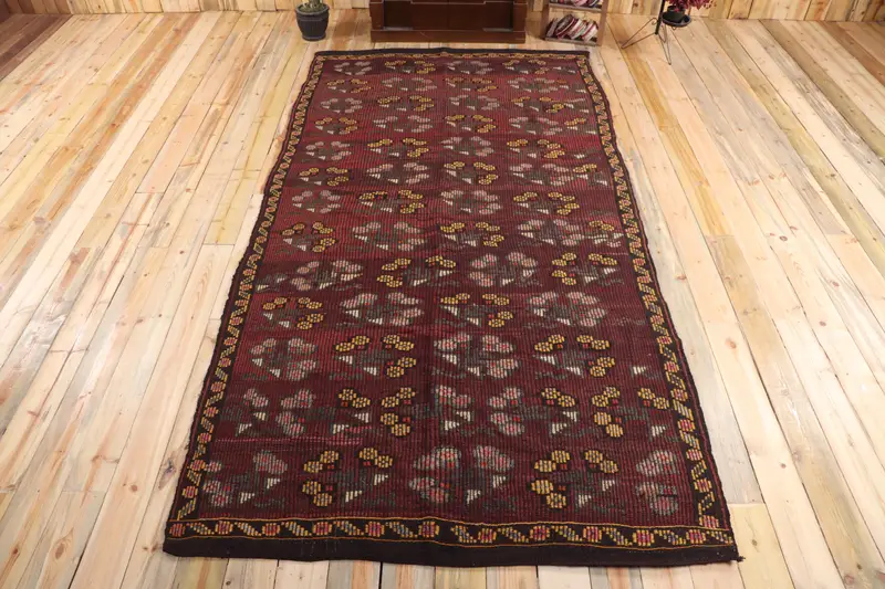 Turkish Vintage Rug, 5.4x10.8 ft Kilim Rug, Red Yellow Plants & trees Rug - 1