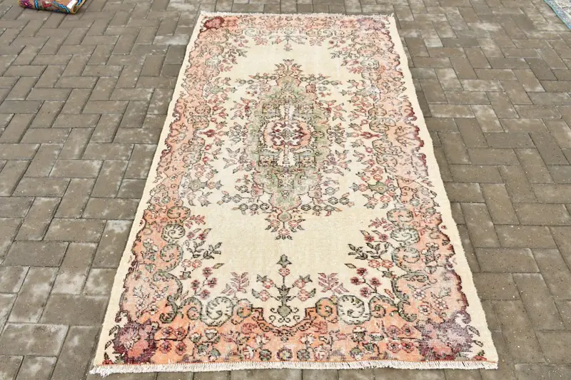 3.8x6.8 ft Türk Alan Halısı, Kırmızı Yeşil Vintage Soyut Yün Halı - 1