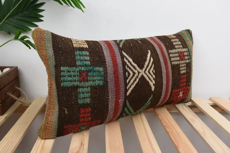 Southwestern Cushion Cover, Kilim Pillow, Pillow for Sofa, 12x24 Brown Cushion Case, Sofa Pillow, Cushion Case, Vintage Kilim Throw Pillow - 4