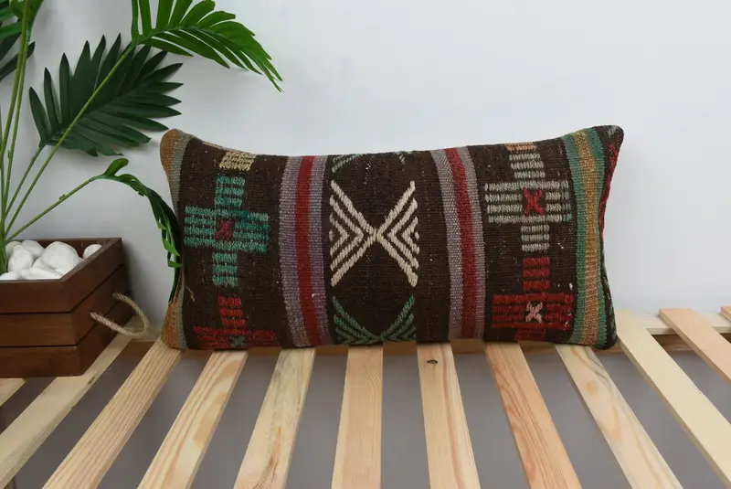 Southwestern Cushion Cover, Kilim Pillow, Pillow for Sofa, 12x24 Brown Cushion Case, Sofa Pillow, Cushion Case, Vintage Kilim Throw Pillow - 1