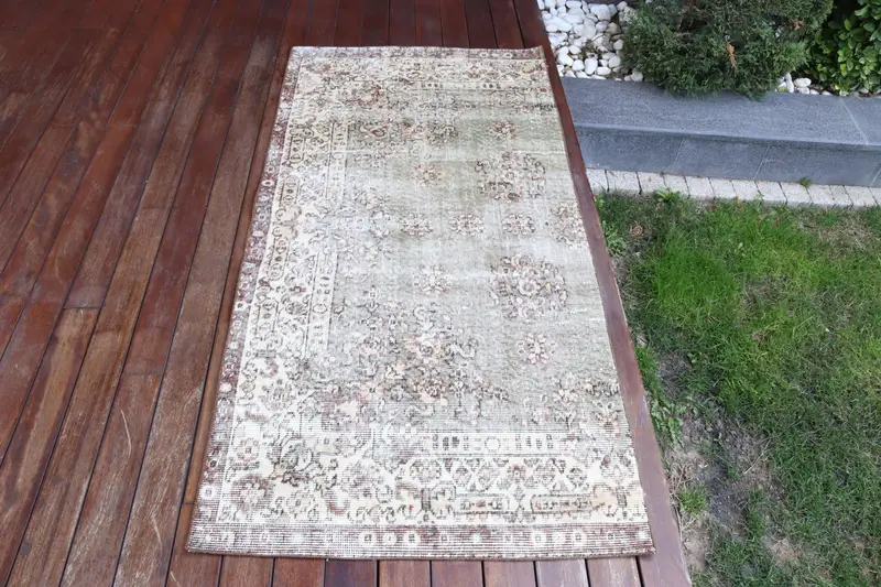 Handmade Green & Beige Rug, 2,8x5,7 ft Polka Dot